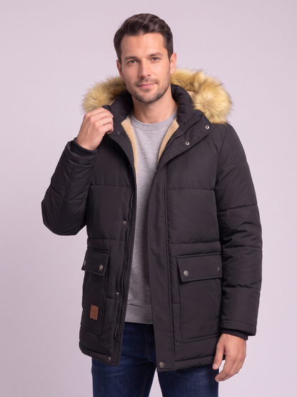 Fleece Lined Hooded Military Cargo Parka - Black - detail