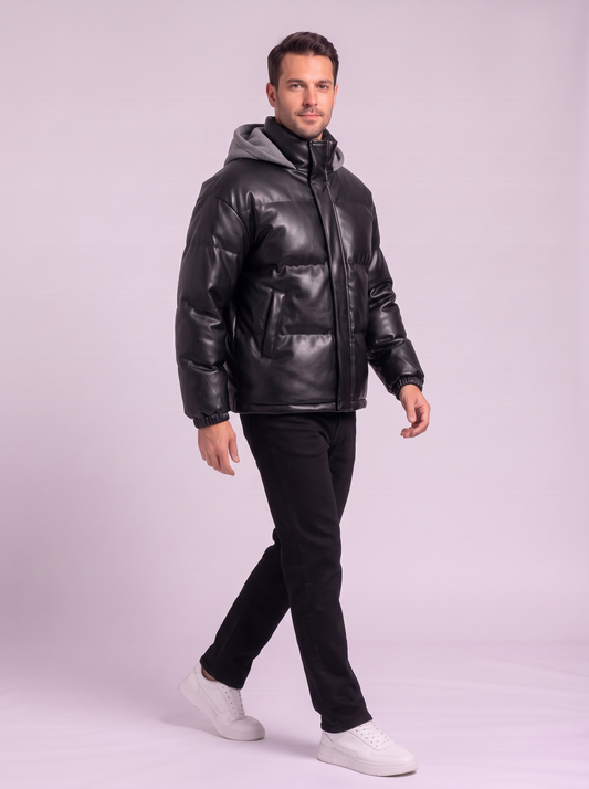 Hooded Windproof Padded Parka Jacket - Black - side
