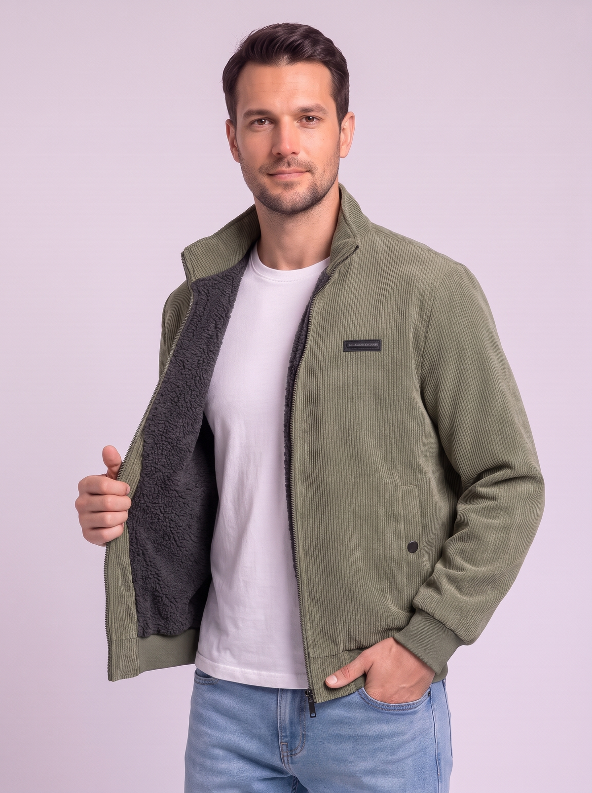 Fleece Lined Corduroy Hooded Parka - Army Green - detail