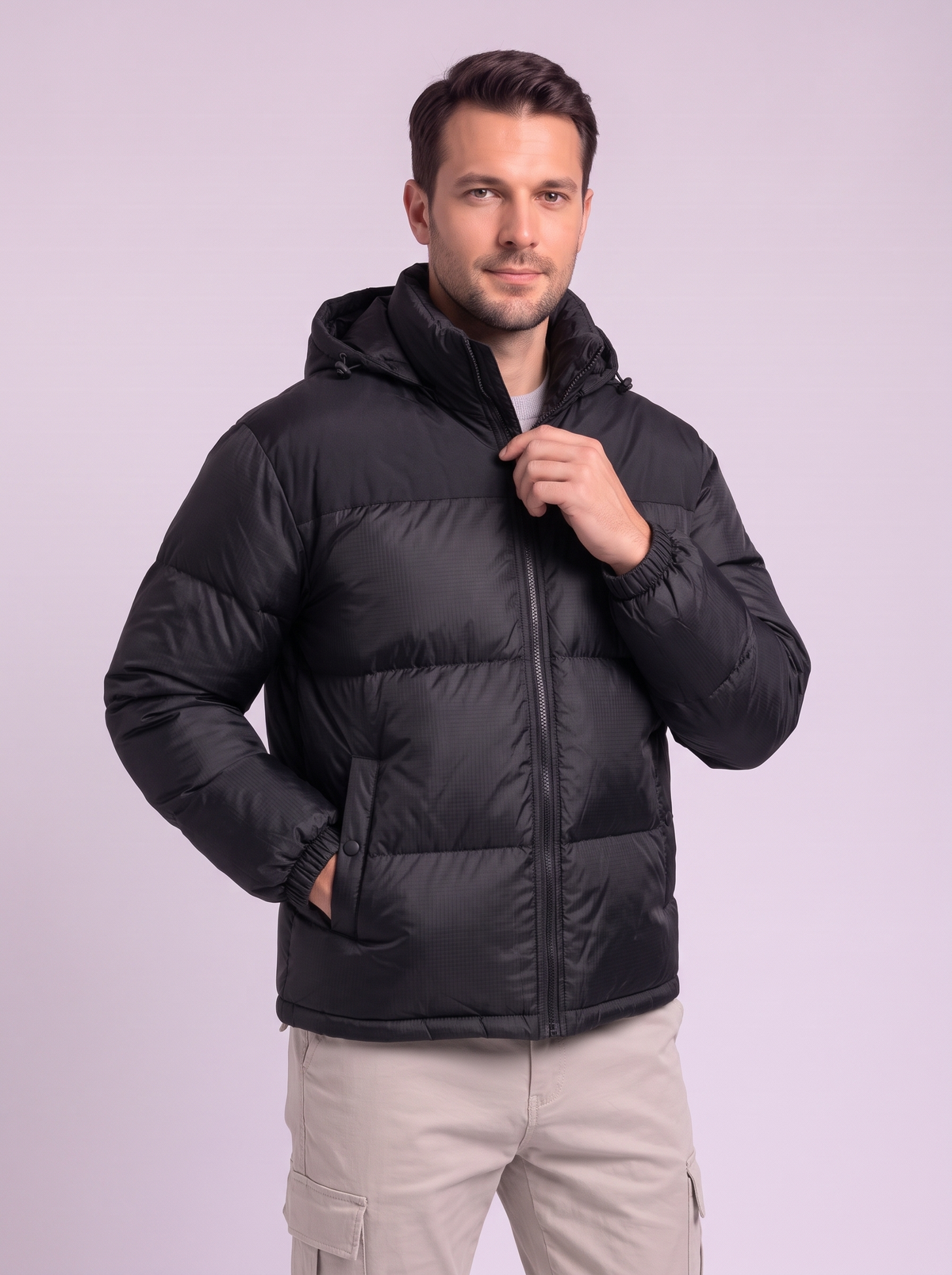 Hooded Padded Cotton Puffer Jacket - Black - detail