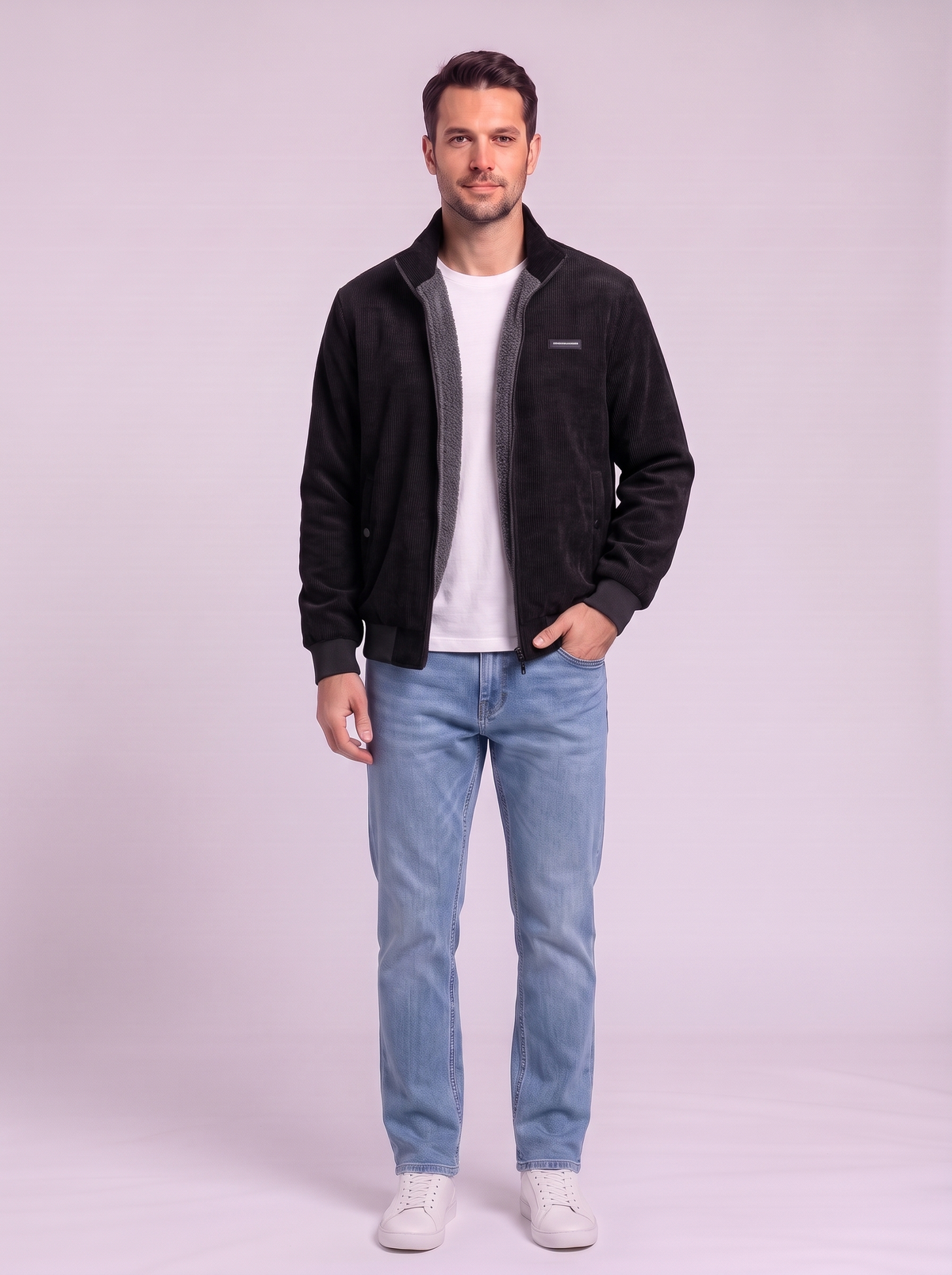 Fleece Lined Corduroy Hooded Parka - Black