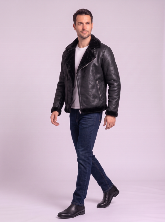 Fleece Lined Faux Leather Motorcycle Jacket - Black - side
