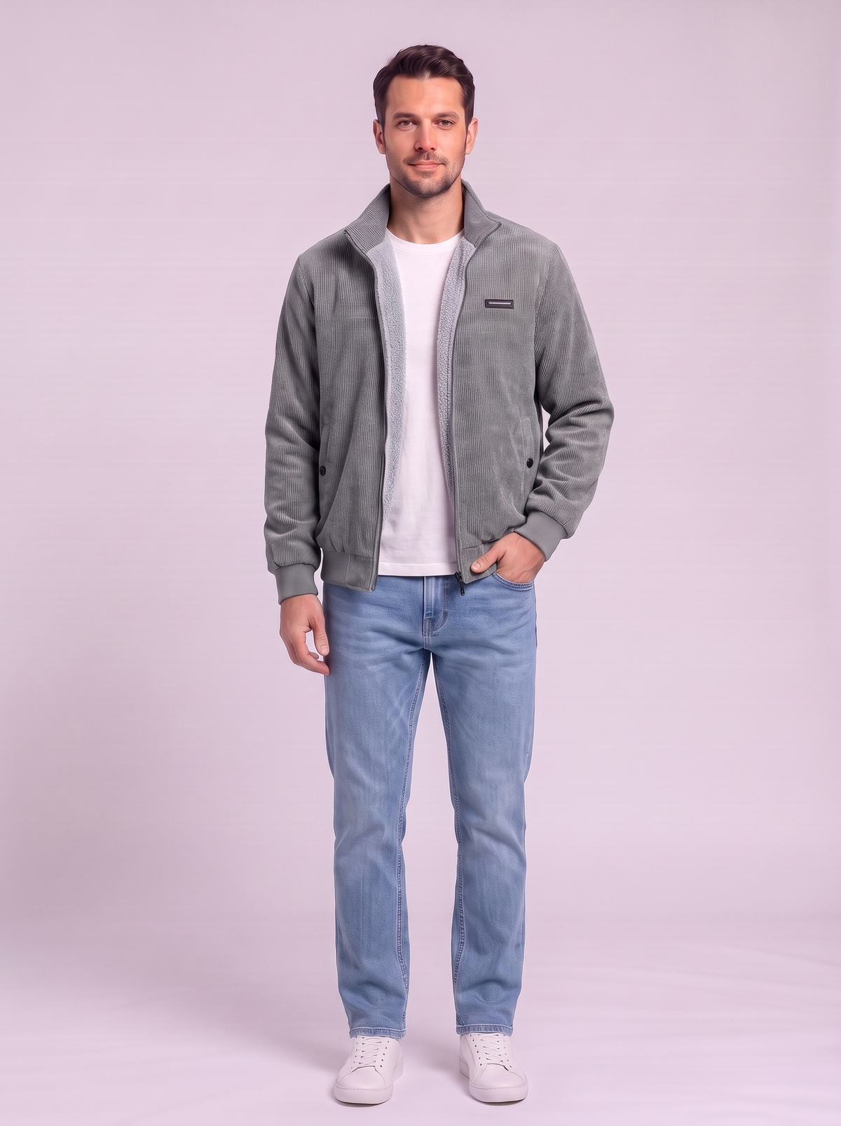 Fleece Lined Corduroy Hooded Parka - Gray
