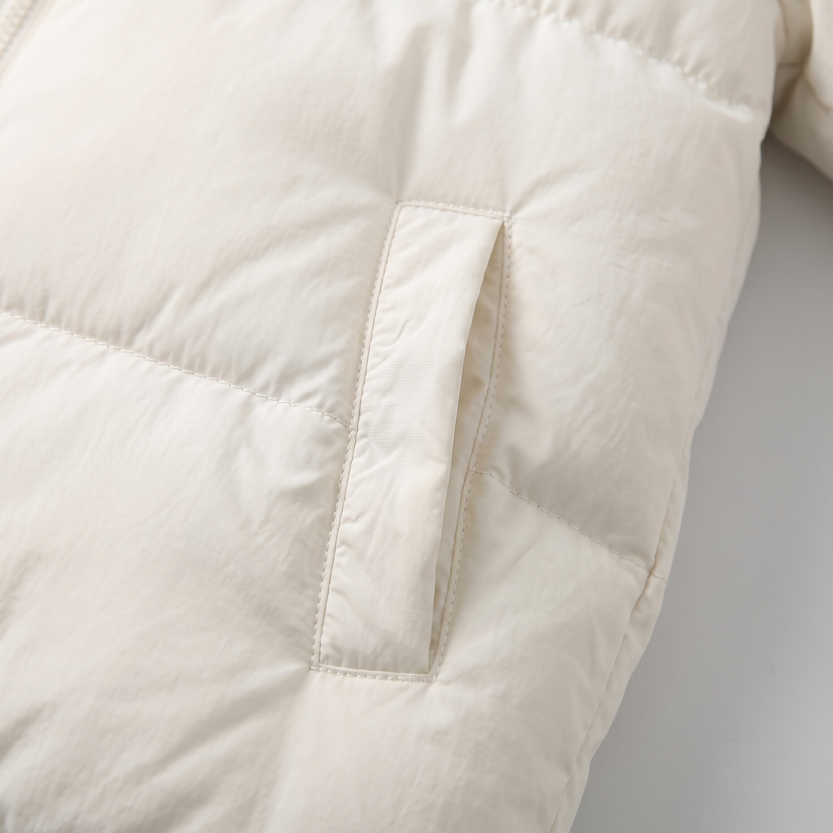 Stand Collar Puffer Jacket - White - fabric close-up