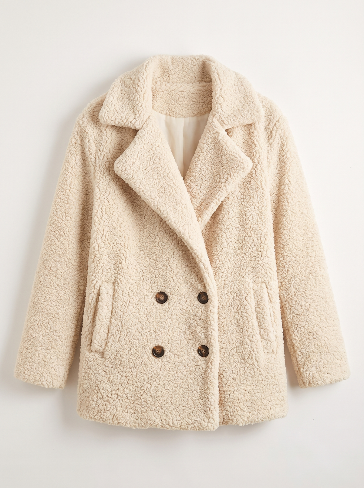 Teddy Fleece Double-Breasted Coat - Milky white - flat lay