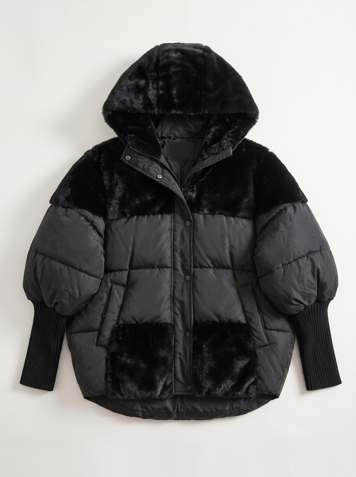 Faux Fur Patchwork Hooded Puffer Coat - Black - flat lay