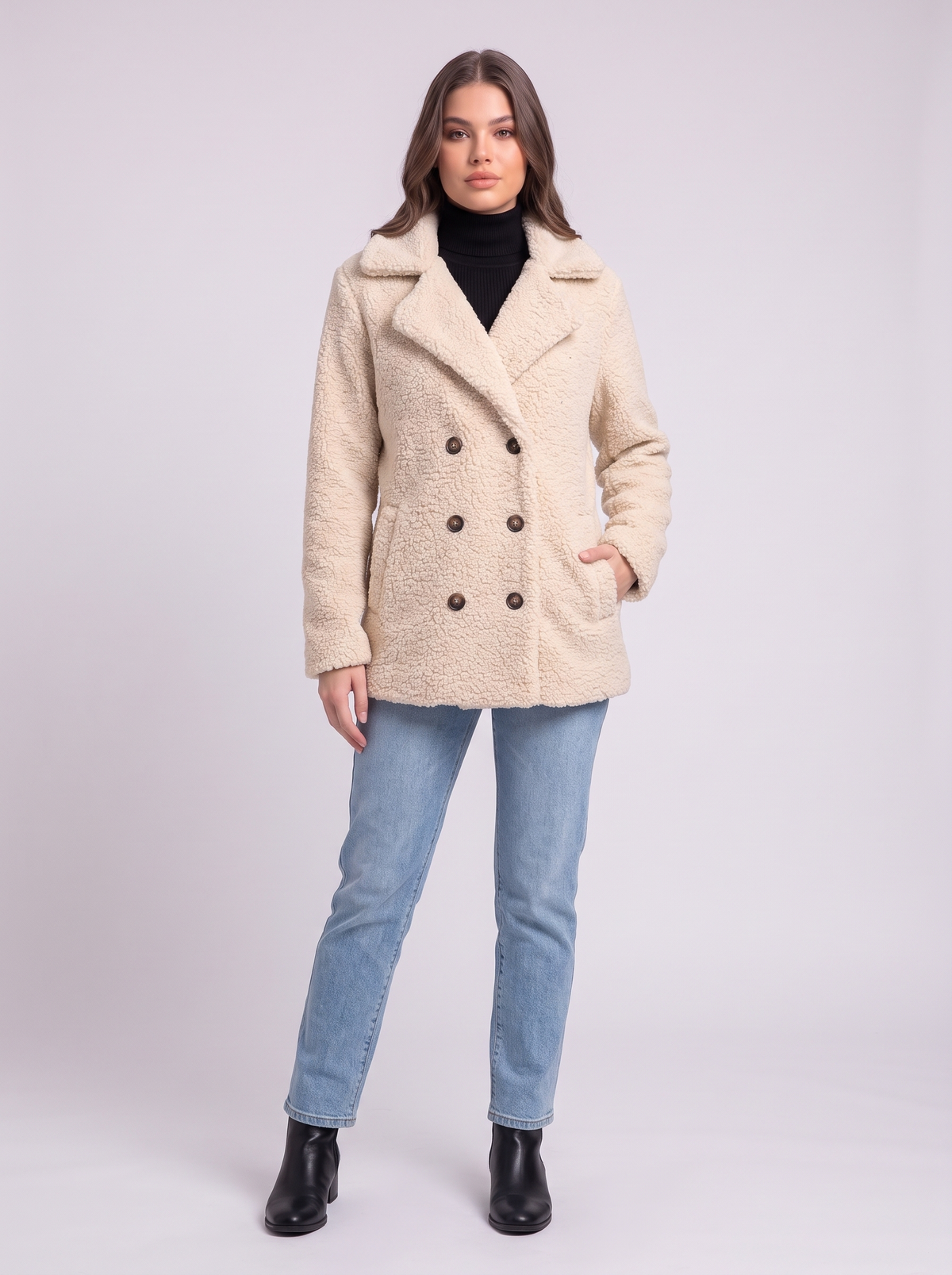 Teddy Fleece Double-Breasted Coat - Milky white