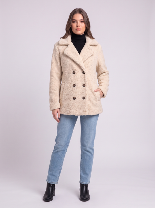 Teddy Fleece Double-Breasted Coat - Milky white