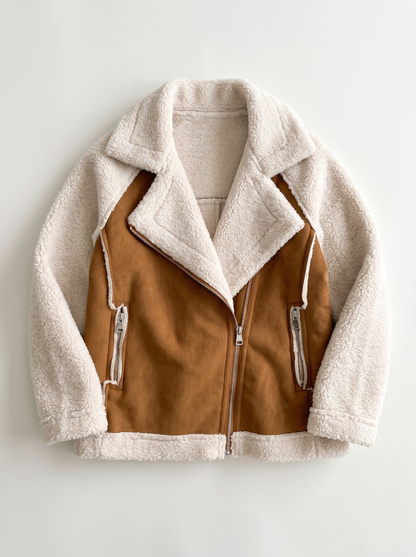 Faux Suede Shearling Biker Jacket - Khaki - flat lay
