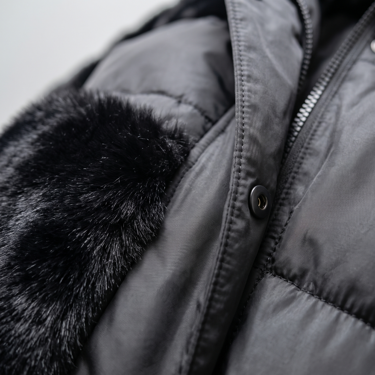 Faux Fur Patchwork Hooded Puffer Coat - Black - fabric close-up