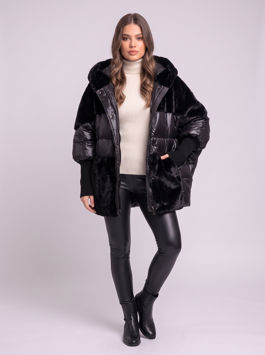 Faux Fur Patchwork Hooded Puffer Coat - Black