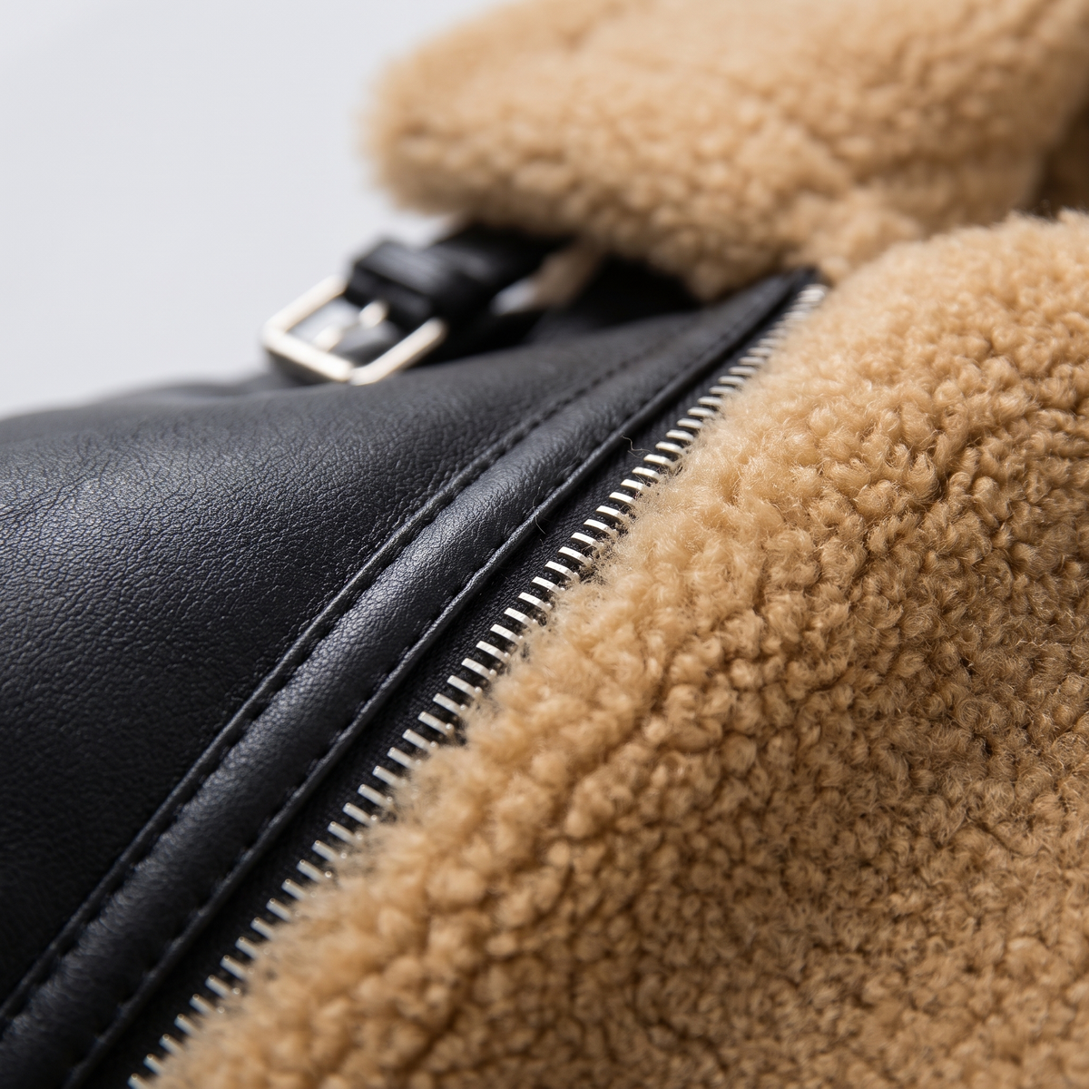 Faux Leather Shearling Aviator Jacket - Black - fabric close-up