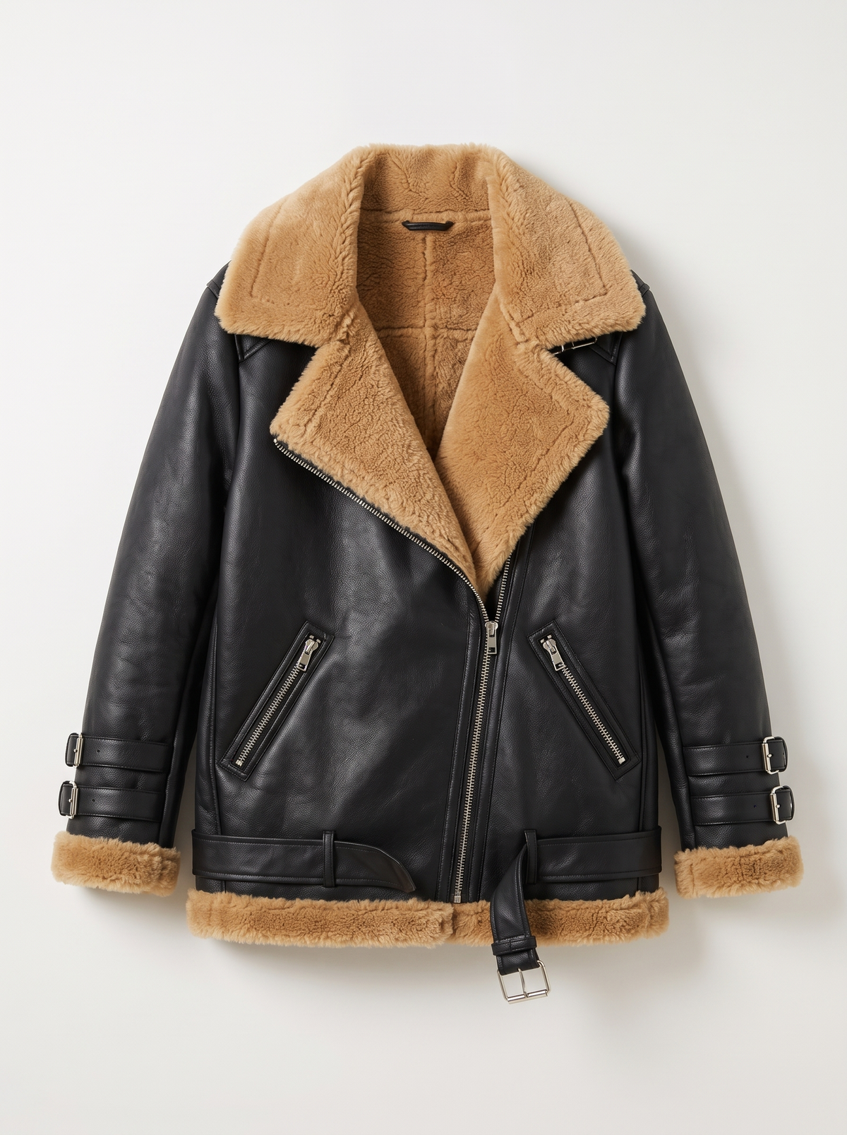 Faux Leather Shearling Aviator Jacket - Black - flat lay