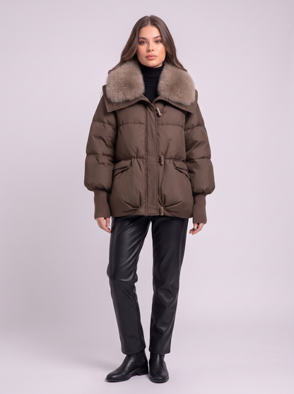 Fur Collar Short Puffer Jacket - Brown