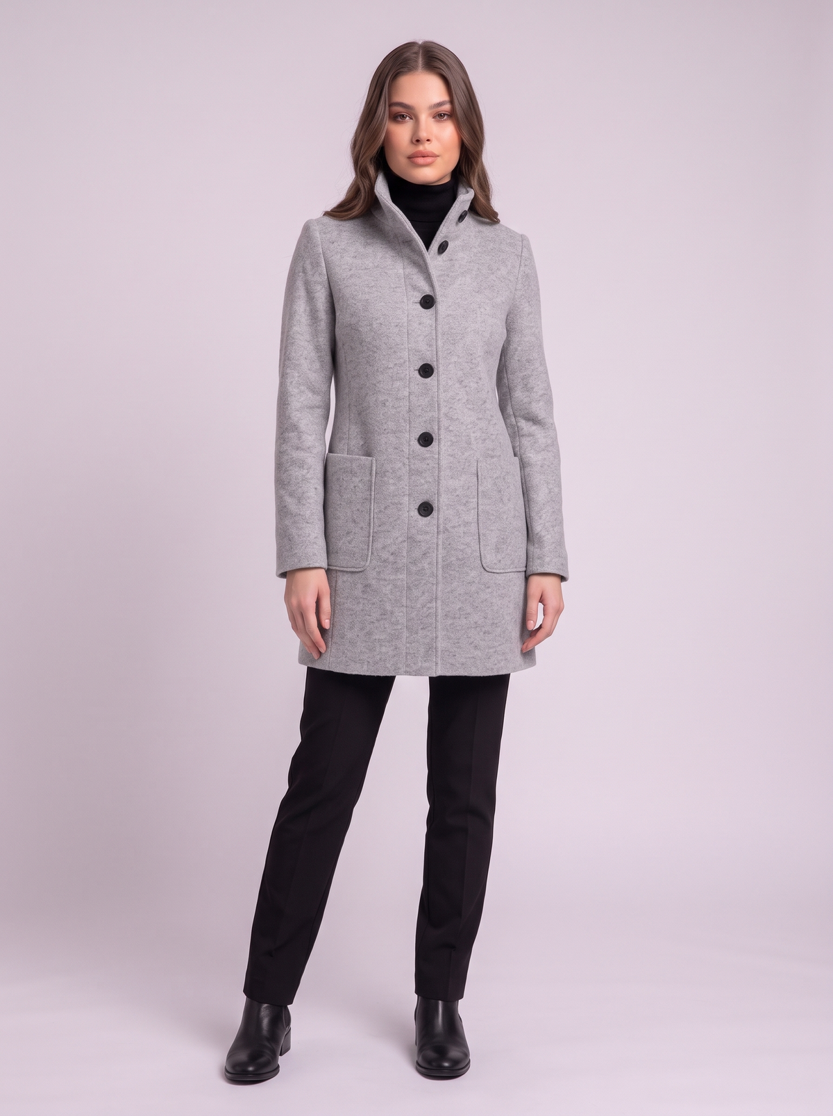 Stand Collar Wool-Blend Coat - Light Grey