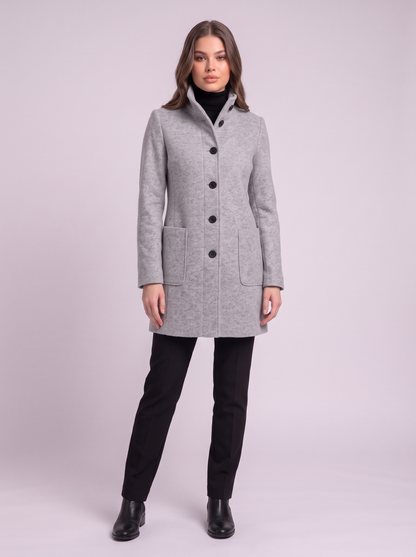 Stand Collar Wool-Blend Coat - Light Grey