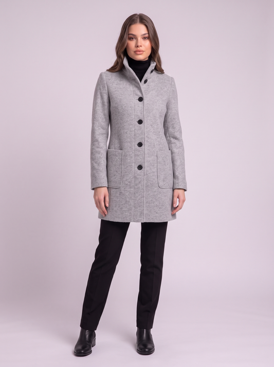 Stand Collar Wool-Blend Coat - Light Grey