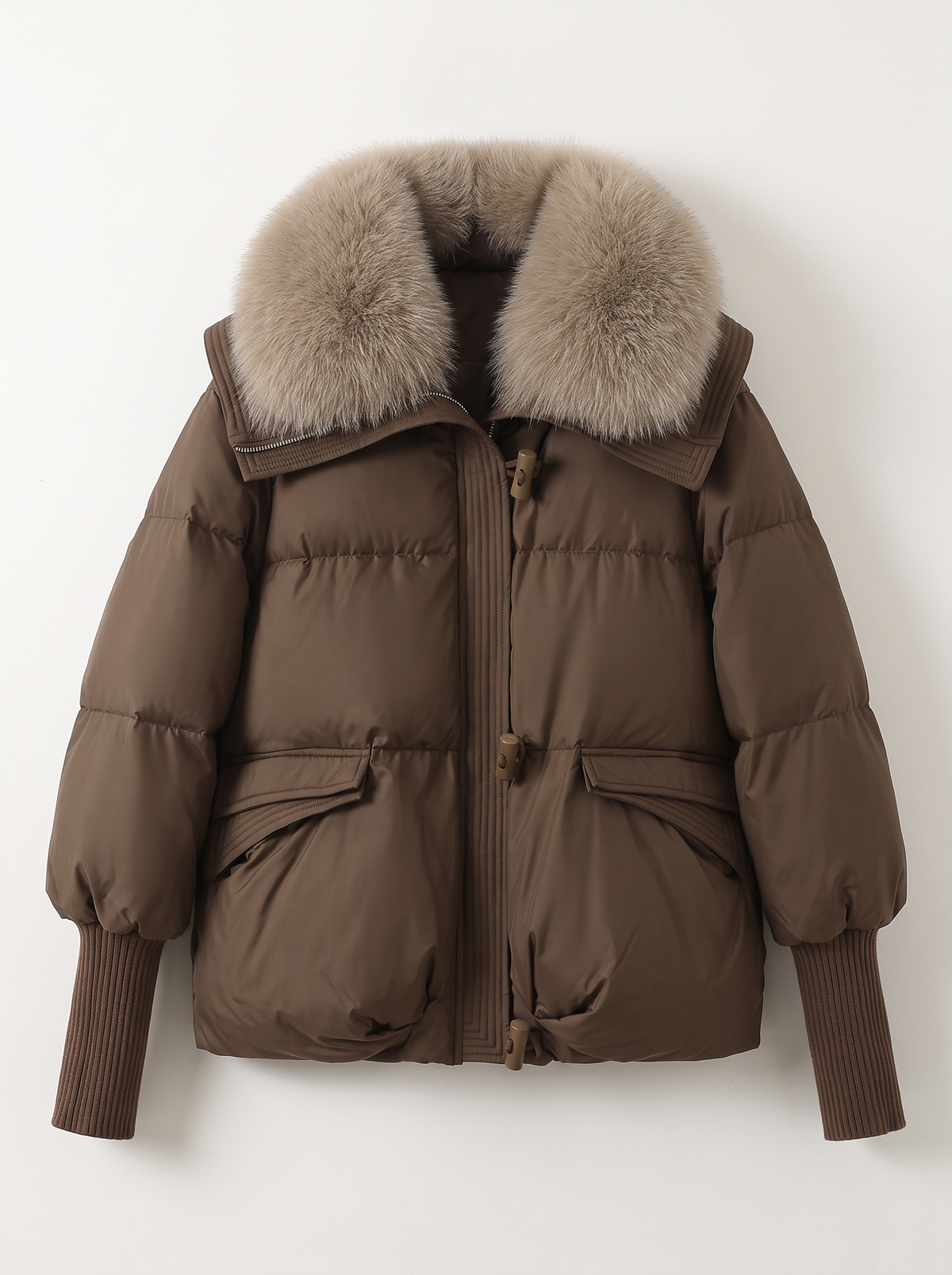 Fur Collar Short Puffer Jacket - Brown - flat lay