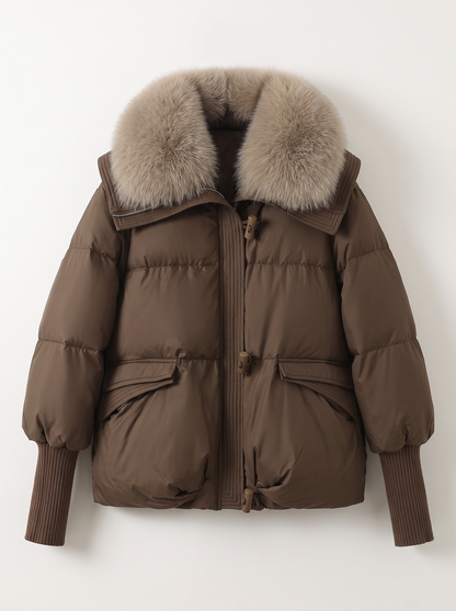 Fur Collar Short Puffer Jacket - Brown - flat lay