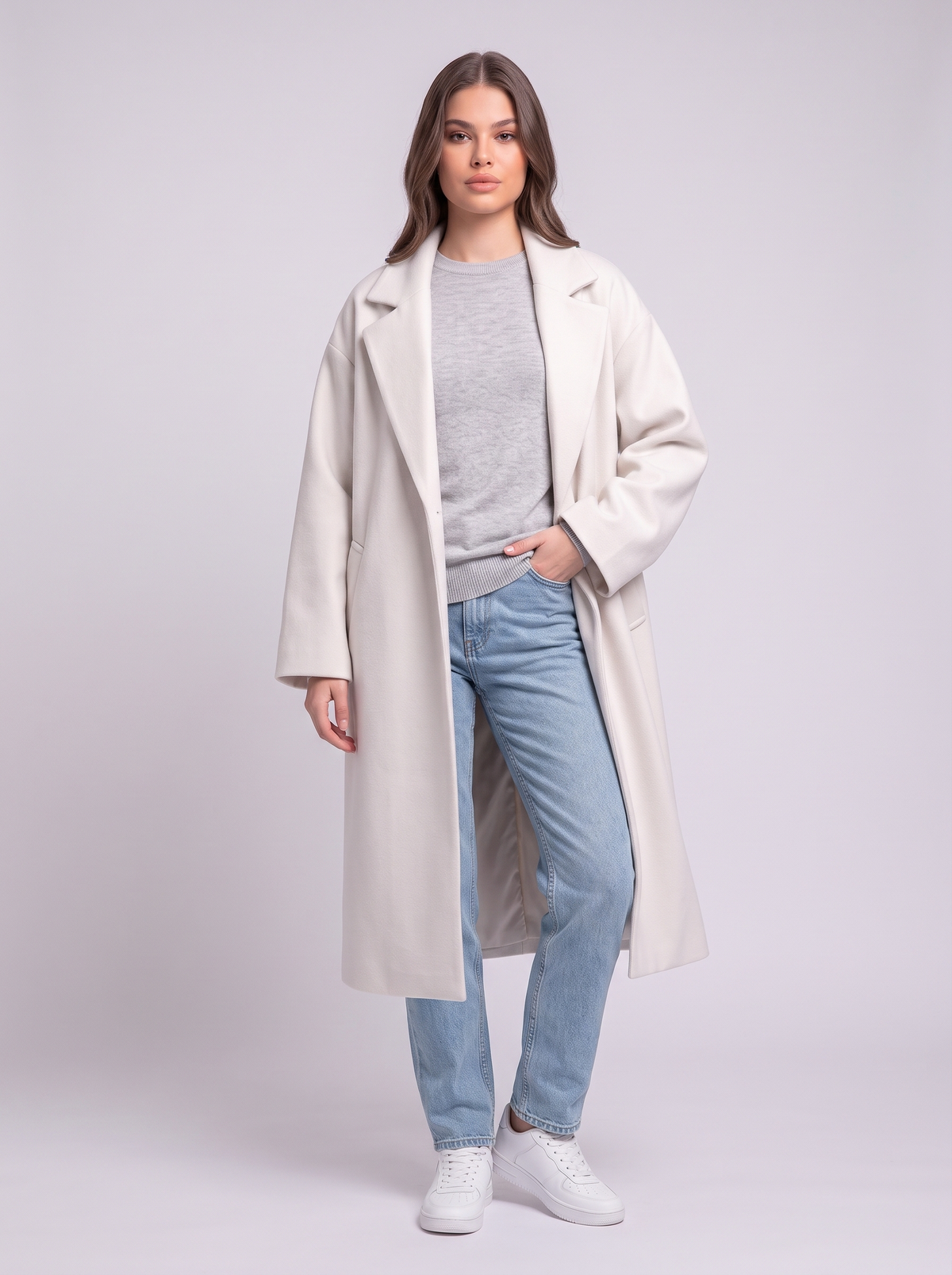 Long Wool-Blend Lapel Coat - White