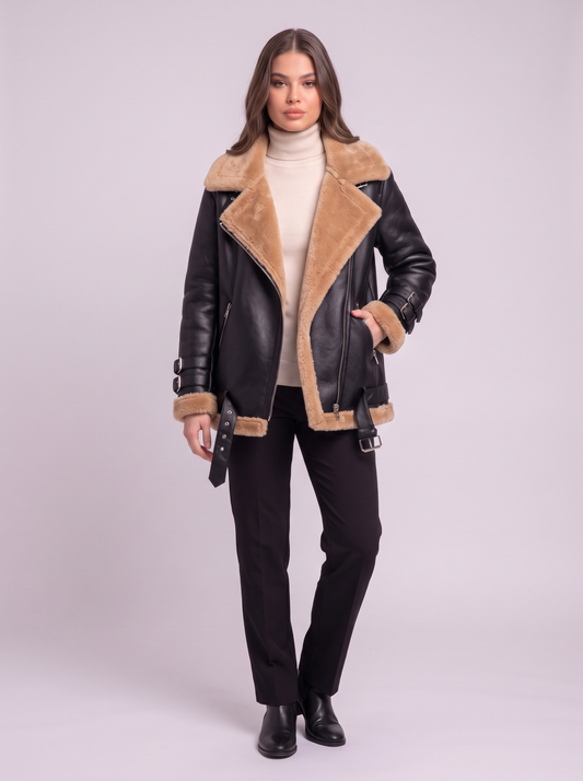 Faux Leather Shearling Aviator Jacket - Black