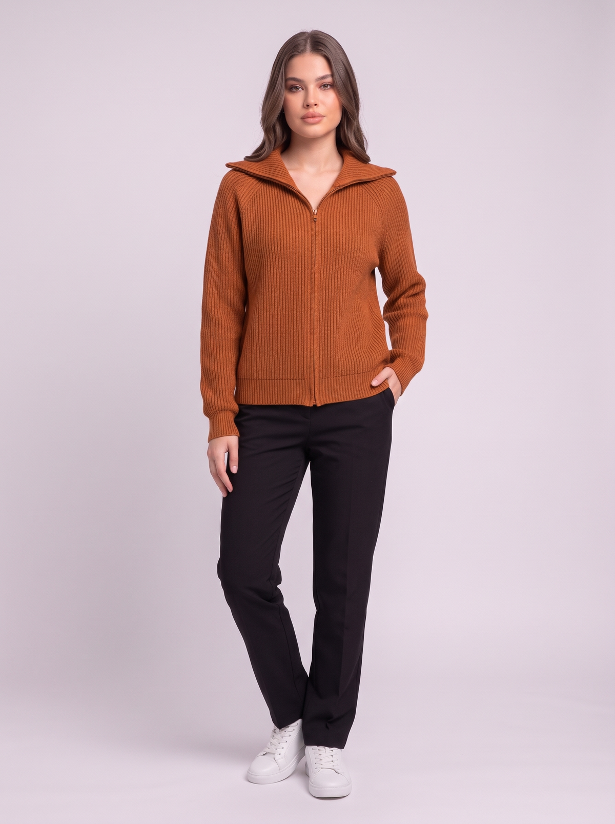 Ribbed Knit Zip Cardigan - Orange
