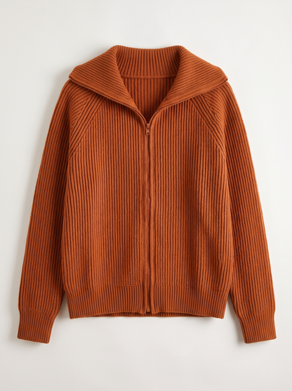 Ribbed Knit Zip Cardigan - Orange - flat lay
