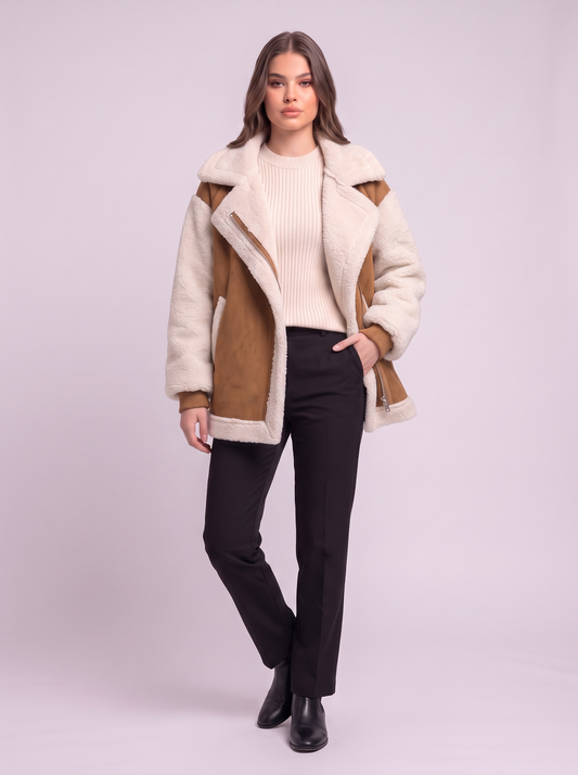 Faux Suede Shearling Biker Jacket - Khaki