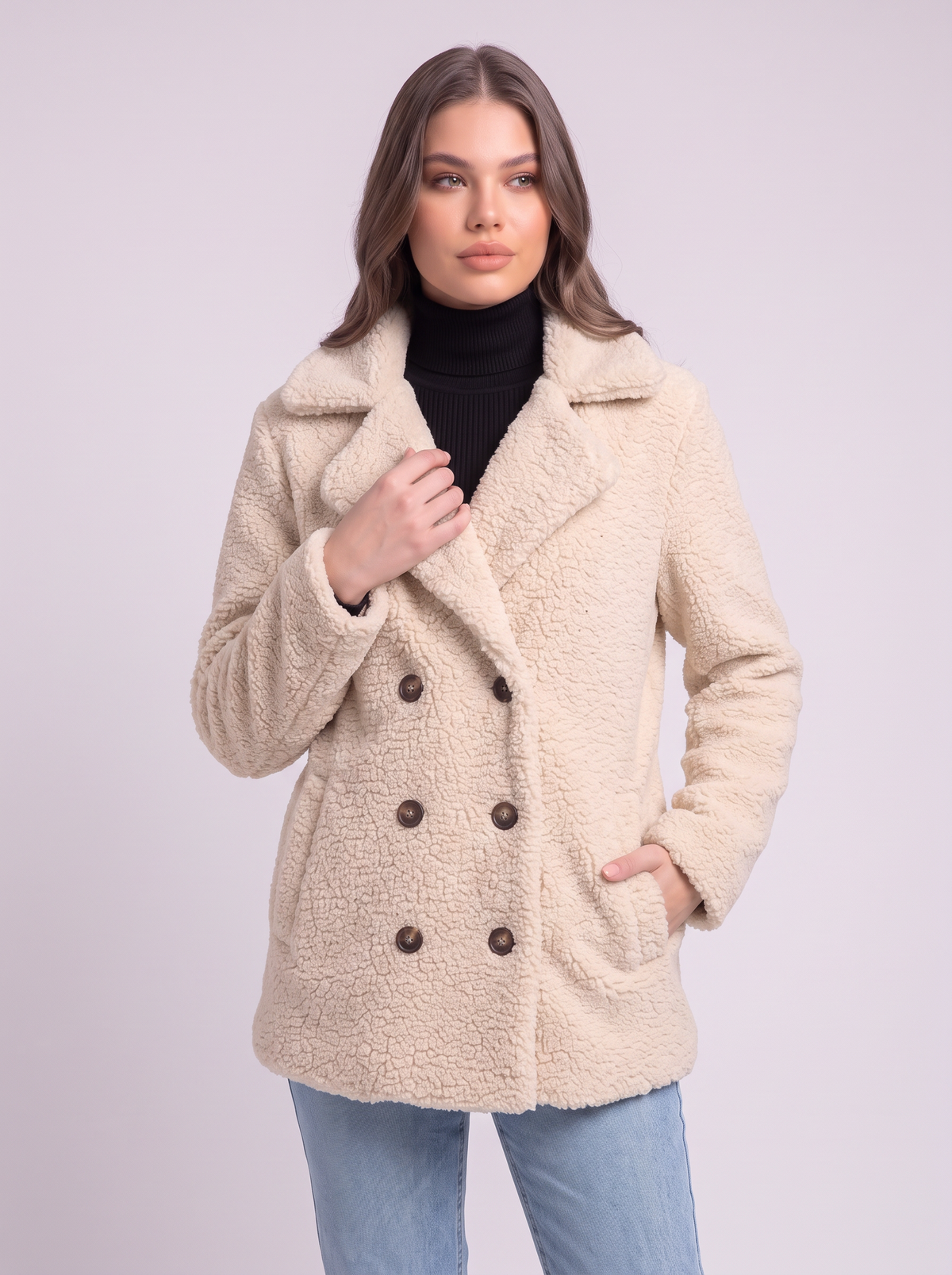 Teddy Fleece Double-Breasted Coat - Milky white - detail