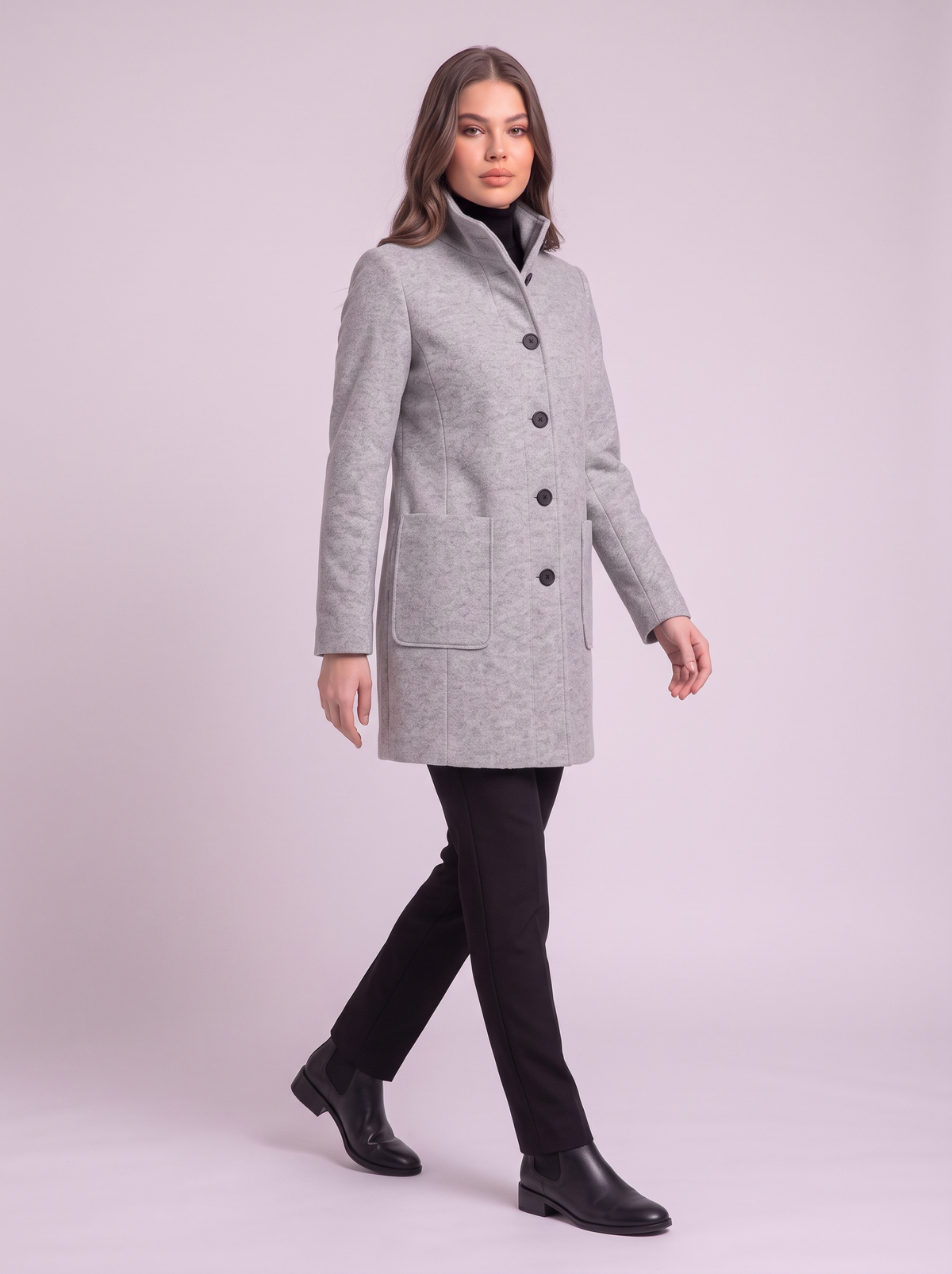 Stand Collar Wool-Blend Coat - Light Grey - side