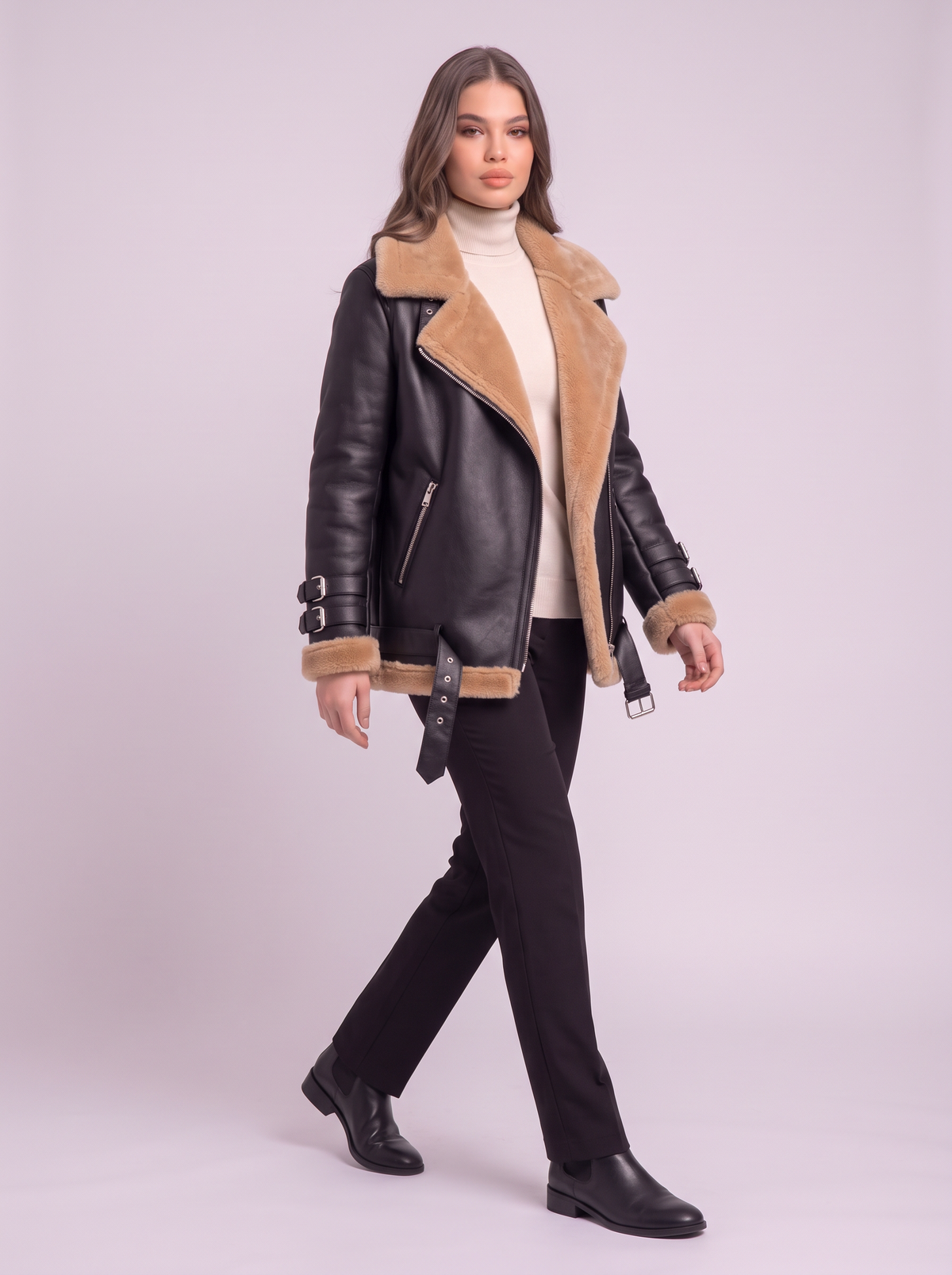Faux Leather Shearling Aviator Jacket - Black - side