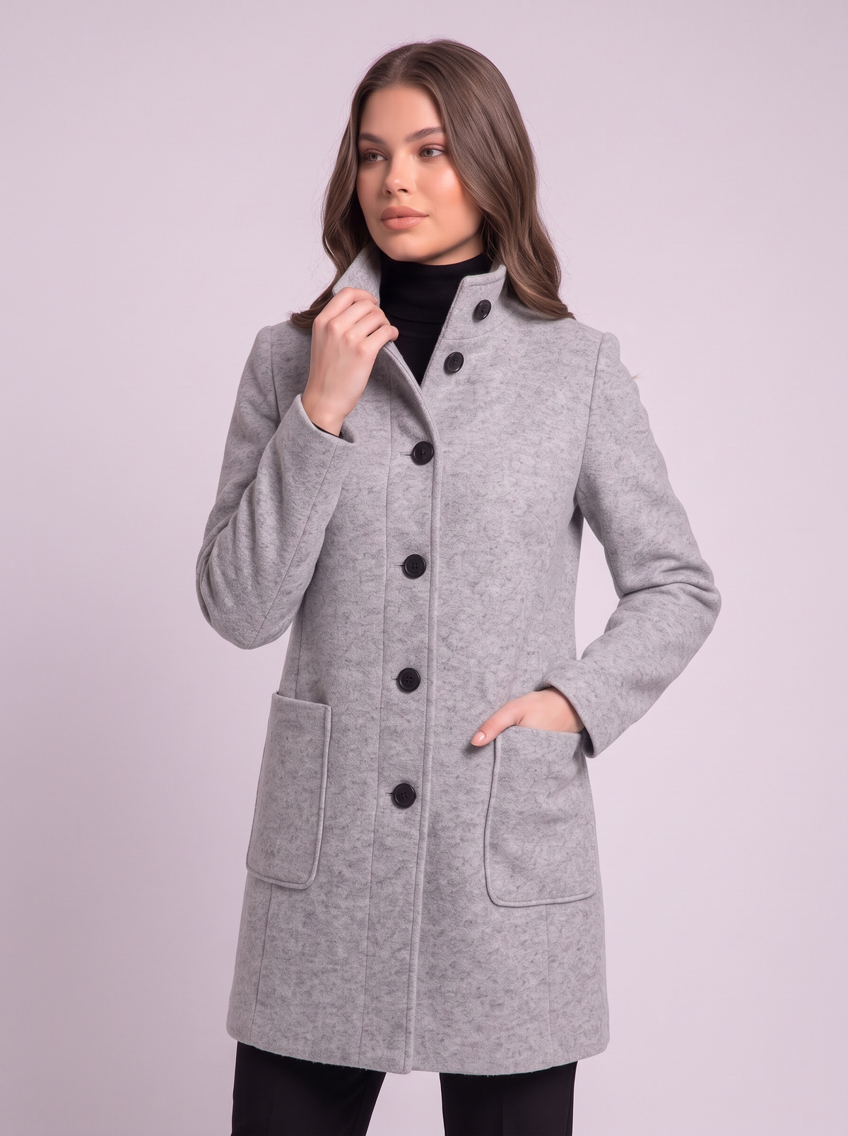 Stand Collar Wool-Blend Coat - Light Grey - detail
