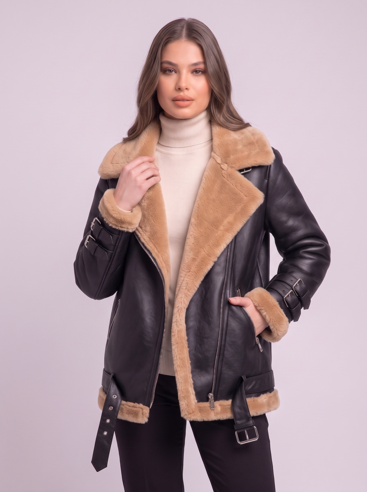Faux Leather Shearling Aviator Jacket - Black - detail