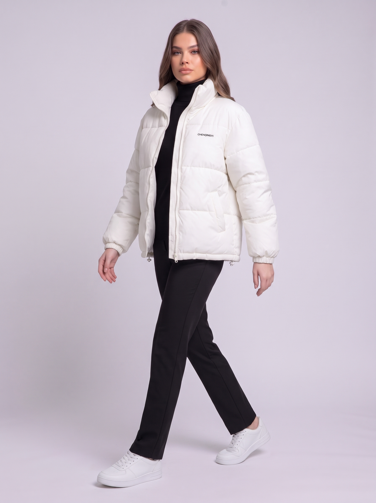 Stand Collar Puffer Jacket - White - side