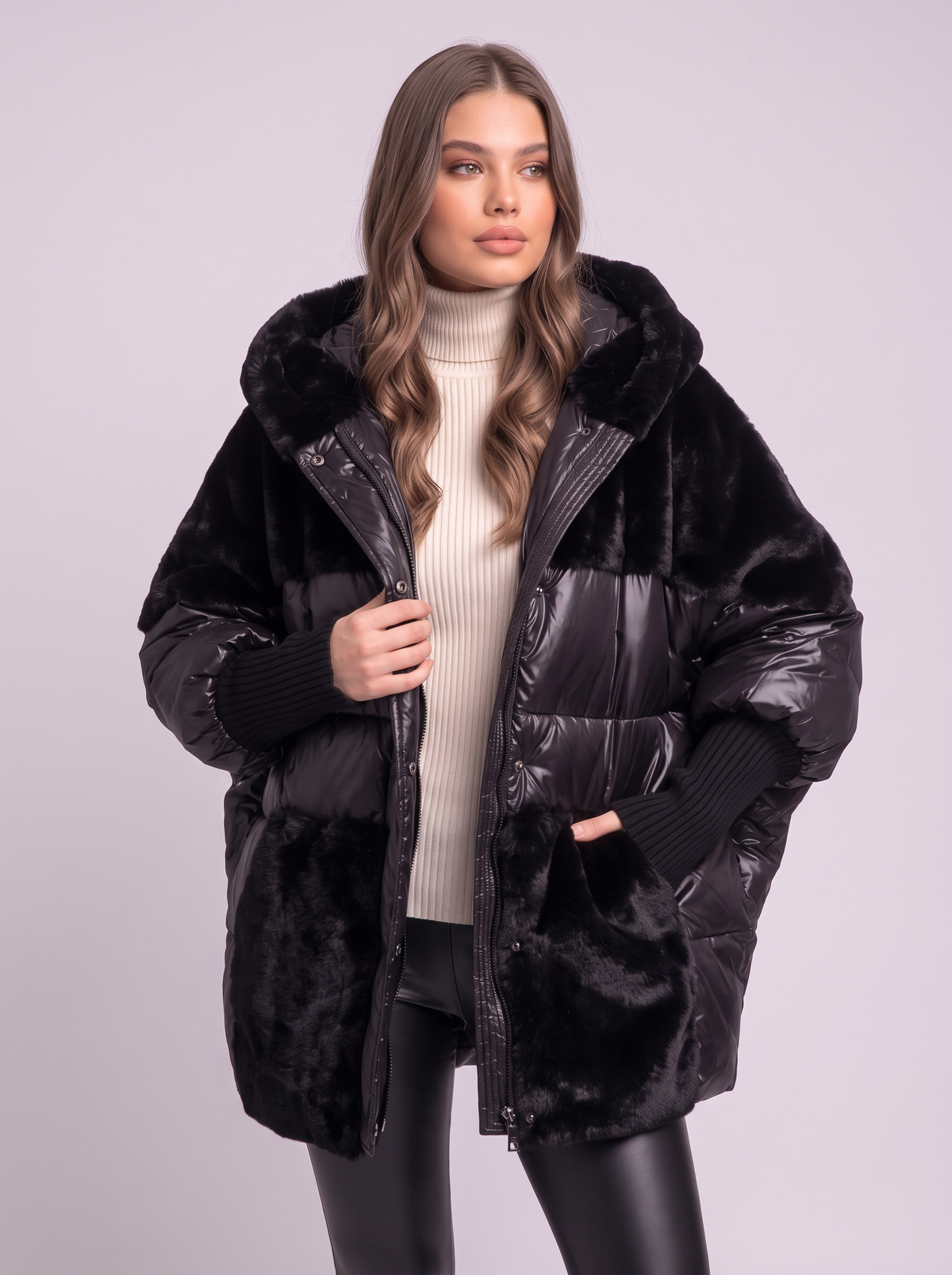 Faux Fur Patchwork Hooded Puffer Coat - Black - detail