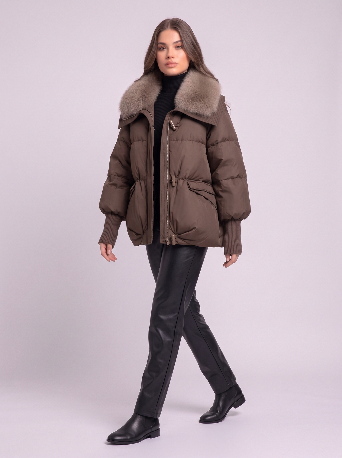 Fur Collar Short Puffer Jacket - Brown - side