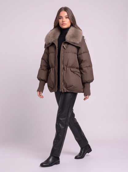 Fur Collar Short Puffer Jacket - Brown - side