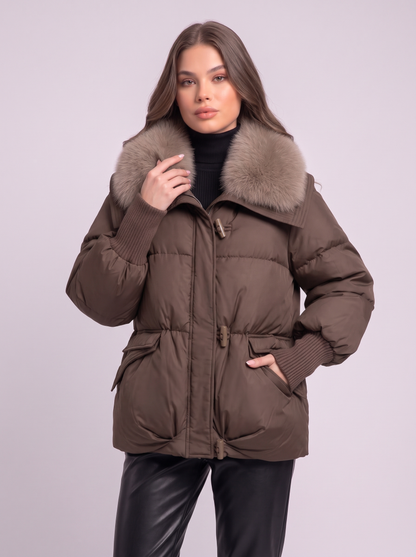 Fur Collar Short Puffer Jacket - Brown - detail