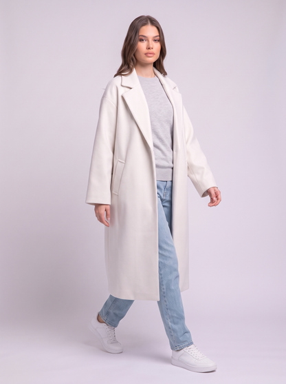 Long Wool-Blend Lapel Coat - White - side