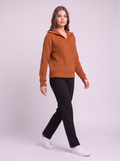 Ribbed Knit Zip Cardigan - Orange - side