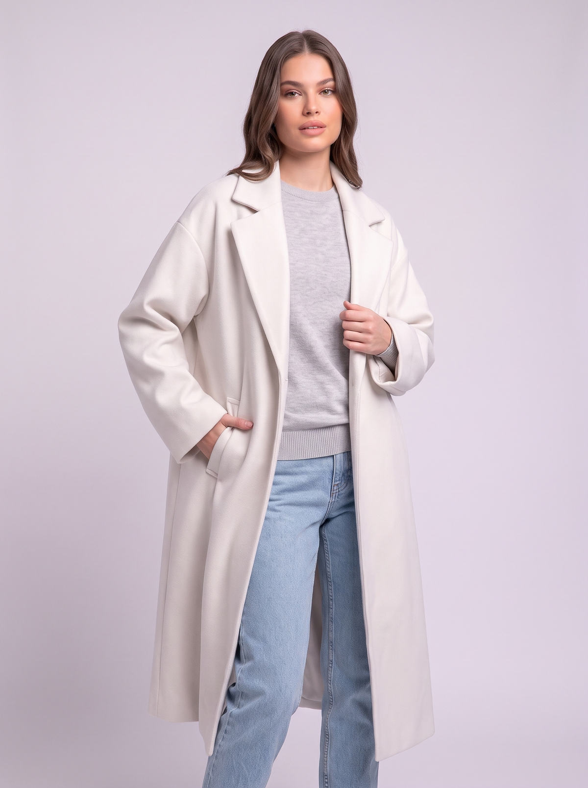 Long Wool-Blend Lapel Coat - White - detail