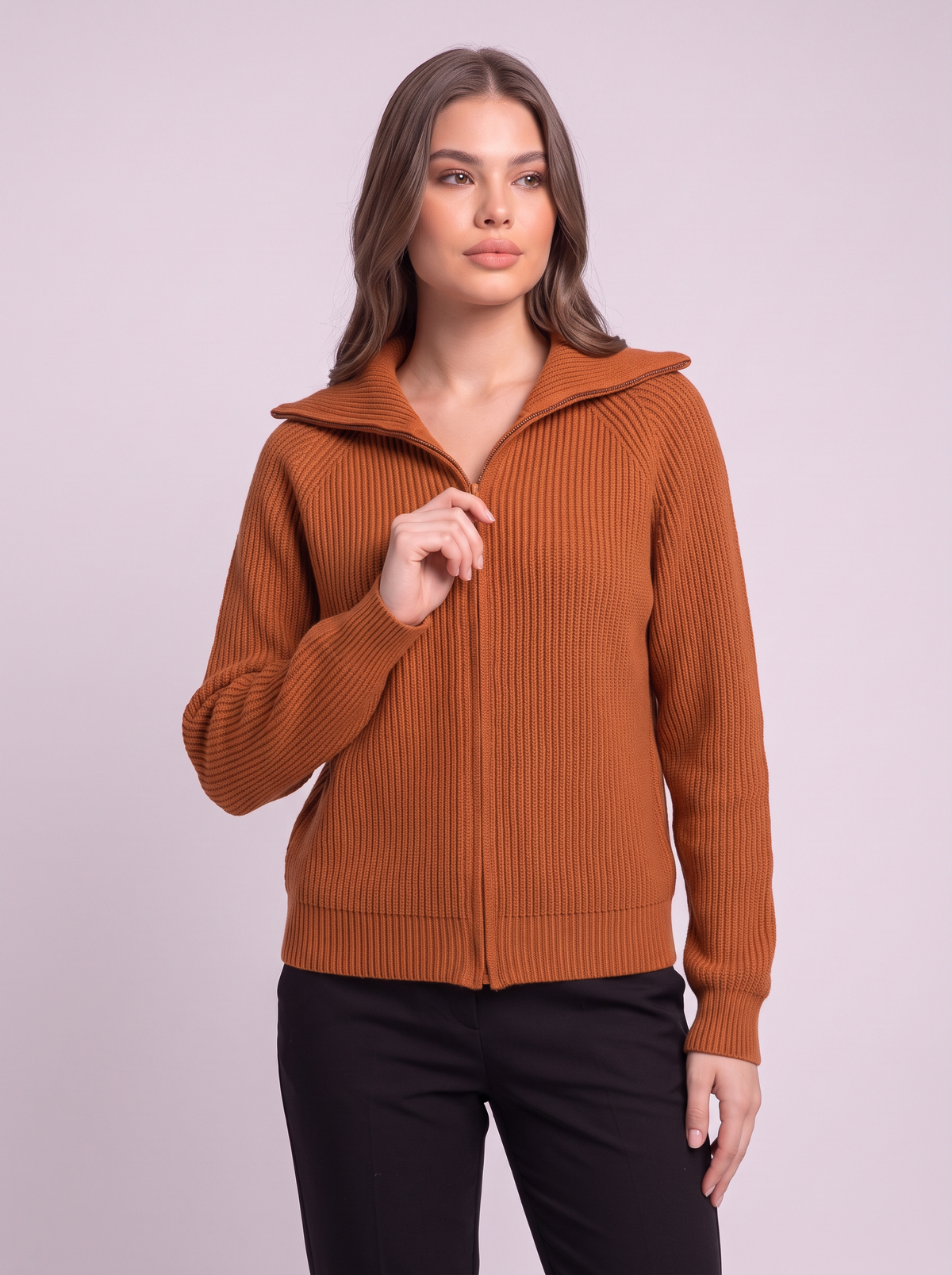 Ribbed Knit Zip Cardigan - Orange - detail