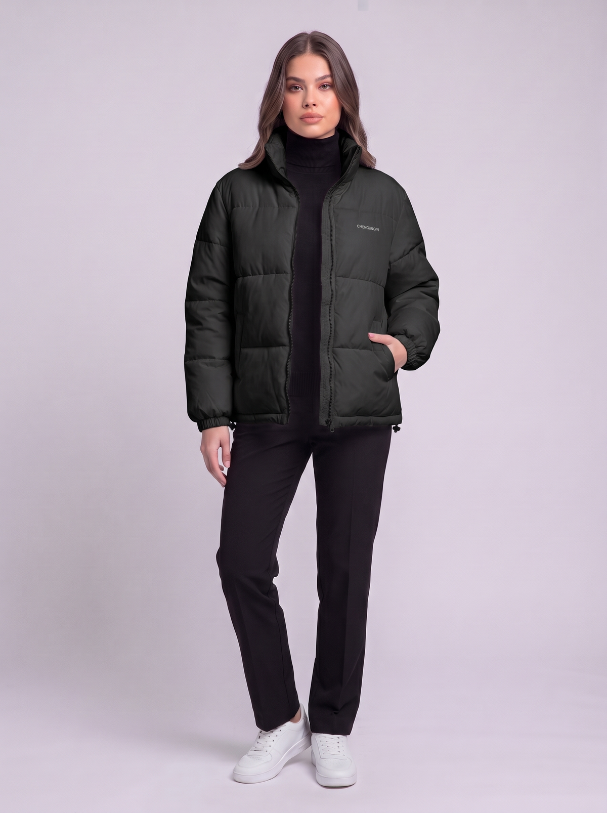 Stand Collar Puffer Jacket - Black