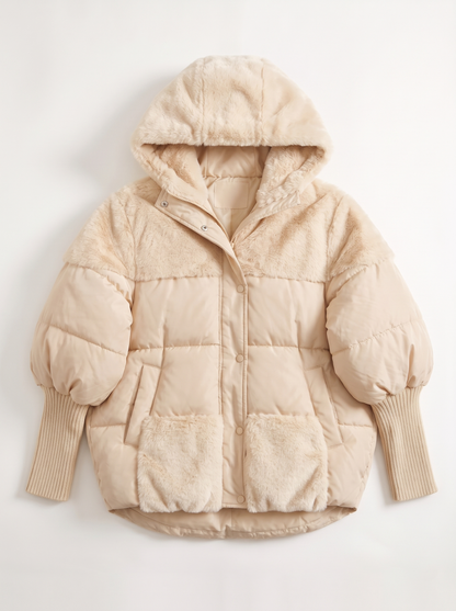 Faux Fur Patchwork Hooded Puffer Coat - Apricot - flat lay
