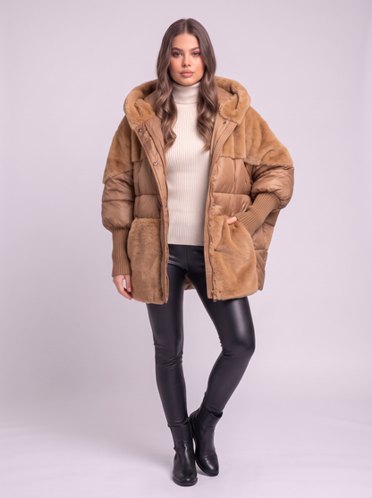 Faux Fur Patchwork Hooded Puffer Coat - Deep Khaki