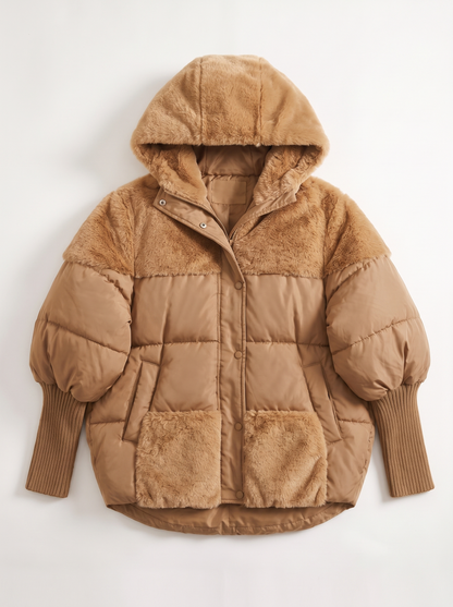 Faux Fur Patchwork Hooded Puffer Coat - Deep Khaki - flat lay