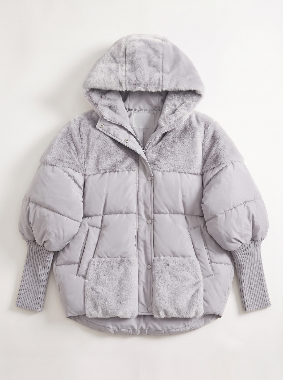Faux Fur Patchwork Hooded Puffer Coat - Gray - flat lay