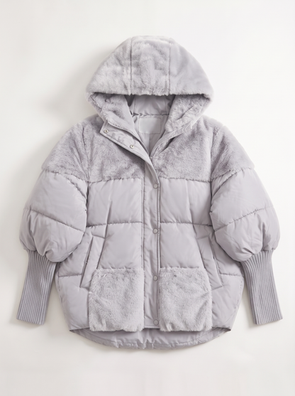 Faux Fur Patchwork Hooded Puffer Coat - Gray - flat lay