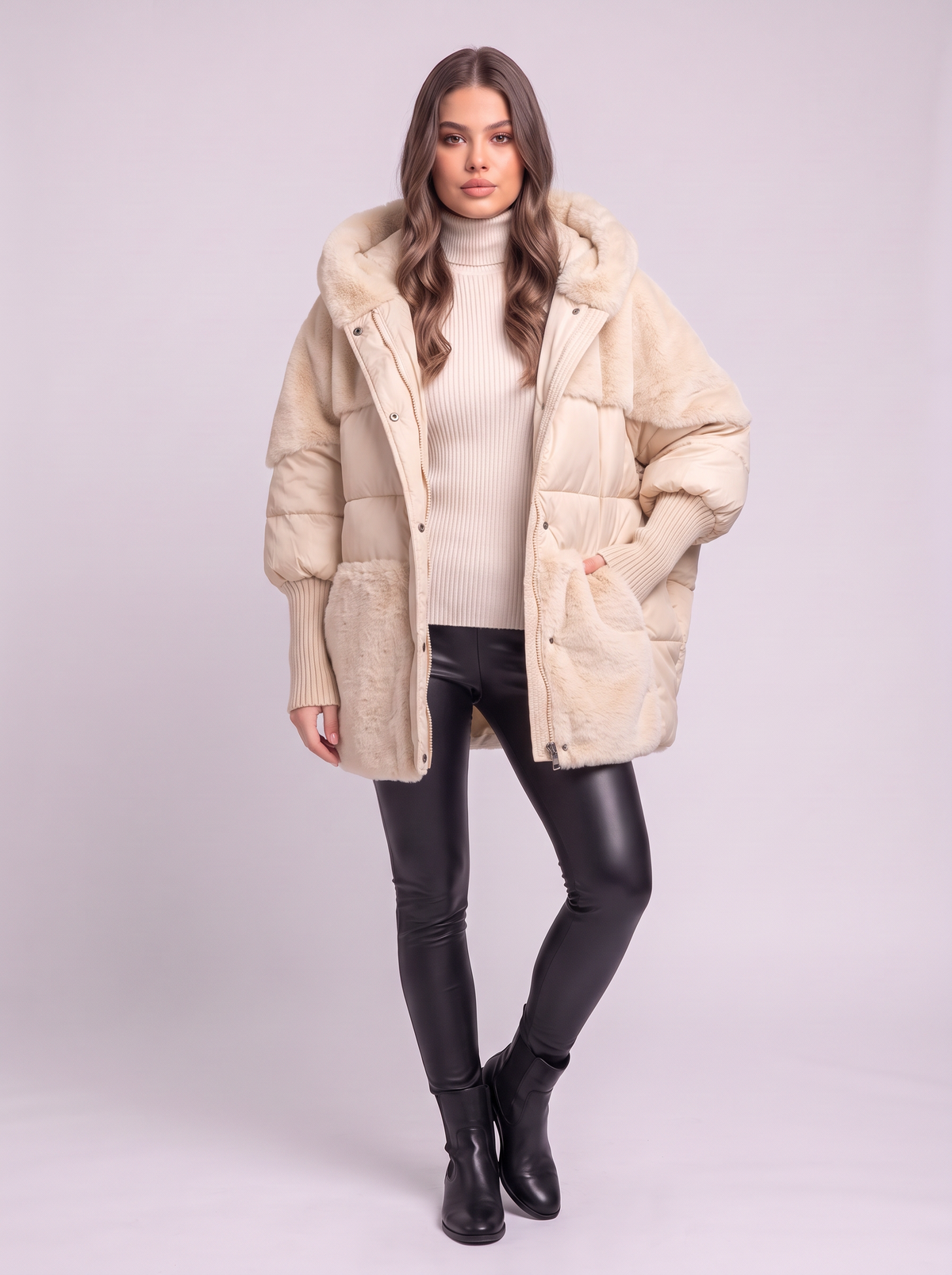 Faux Fur Patchwork Hooded Puffer Coat - Apricot