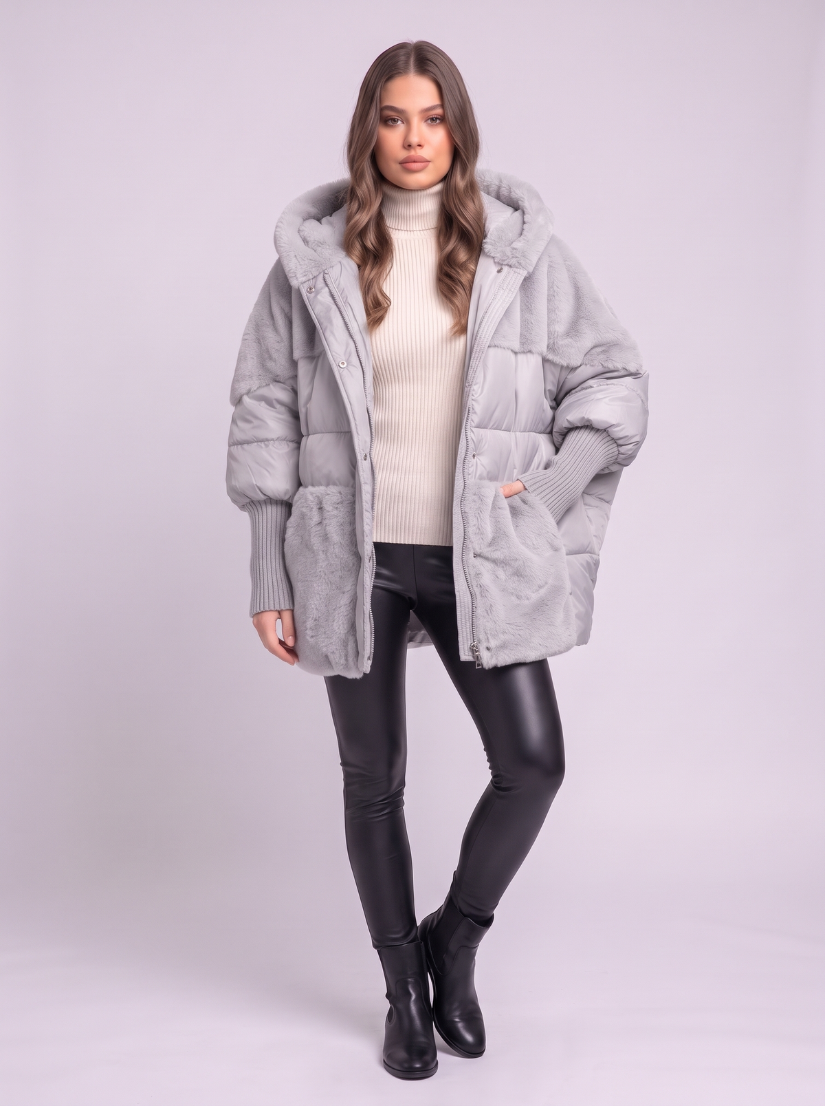 Faux Fur Patchwork Hooded Puffer Coat - Gray